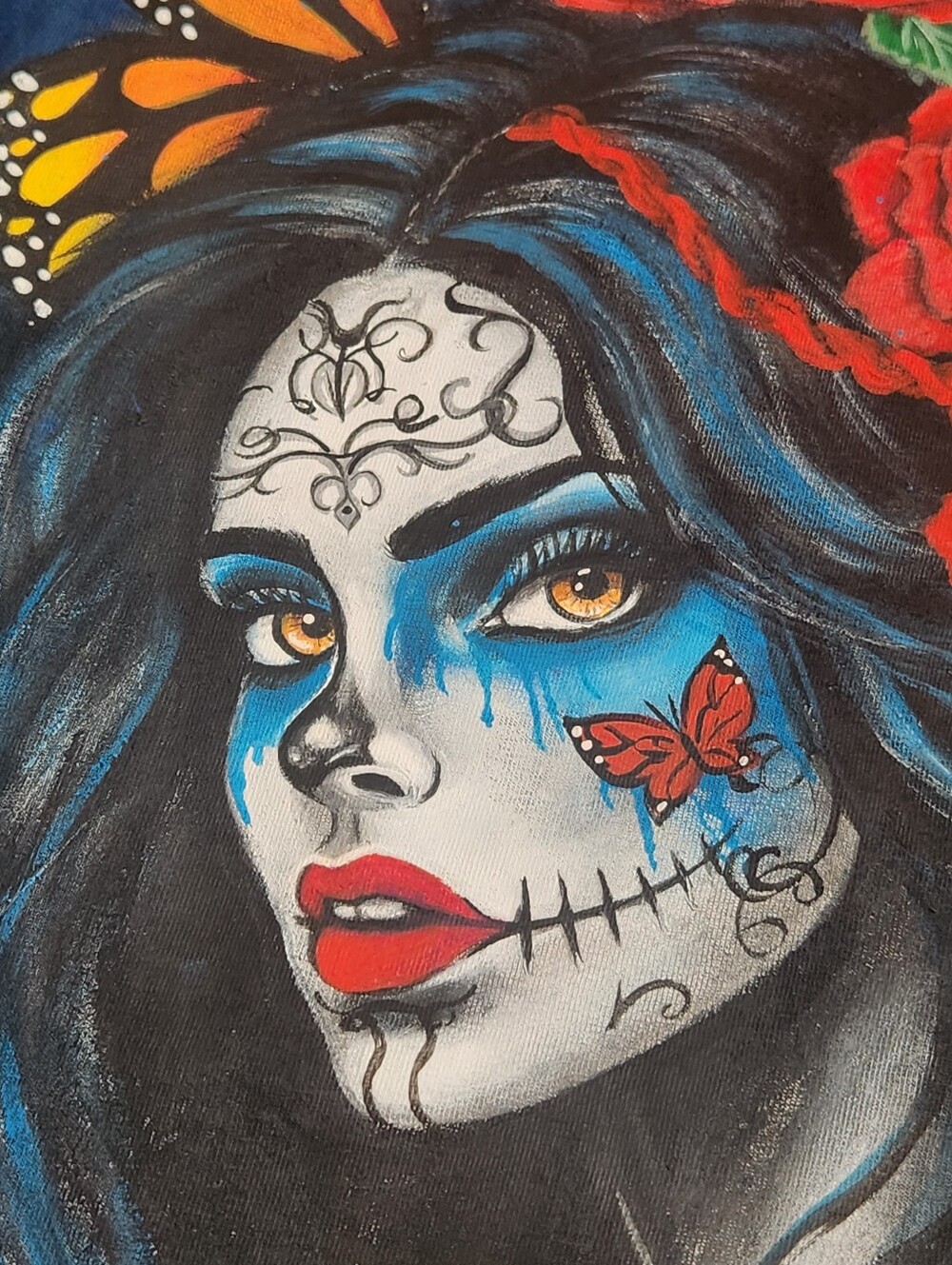 Halloween T-shirt M Black Cotton Handpainted Skull Rose Dead La Catrina Art New - Picture 3 of 12